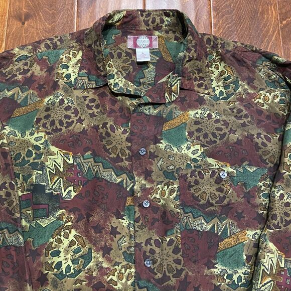 Chiamare Vintage Abstract Geometric Multicolor Silk Button Down Shirt Men's L - Picture 2 of 9